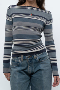 Vintage x Blue Cotton Striped Off-Shoulder Long Sleeve Knit (M)
