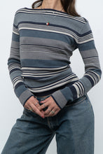 Load image into Gallery viewer, Vintage x Blue Cotton Striped Off-Shoulder Long Sleeve Knit (M)