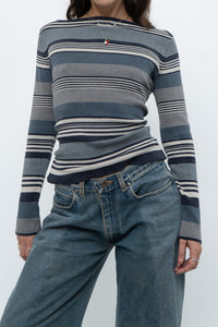 Vintage x Blue Cotton Striped Off-Shoulder Long Sleeve Knit (M)