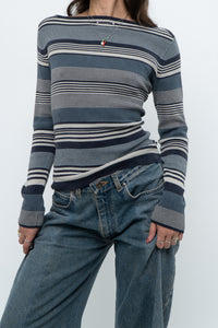 Vintage x Blue Cotton Striped Off-Shoulder Long Sleeve Knit (M)