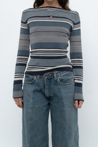 Vintage x Blue Cotton Striped Off-Shoulder Long Sleeve Knit (M)