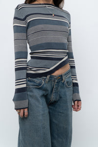 Vintage x Blue Cotton Striped Off-Shoulder Long Sleeve Knit (M)