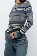 Load image into Gallery viewer, Vintage x Blue Cotton Striped Off-Shoulder Long Sleeve Knit (M)