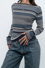 Load image into Gallery viewer, Vintage x Blue Cotton Striped Off-Shoulder Long Sleeve Knit (M)