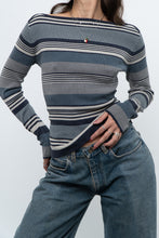 Load image into Gallery viewer, Vintage x Blue Cotton Striped Off-Shoulder Long Sleeve Knit (M)