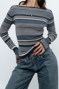 Vintage x Blue Cotton Striped Off-Shoulder Long Sleeve Knit (M)