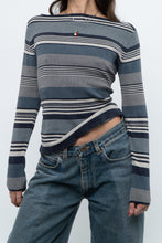Load image into Gallery viewer, Vintage x Blue Cotton Striped Off-Shoulder Long Sleeve Knit (M)