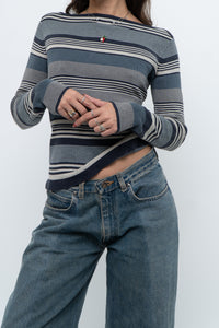 Vintage x Blue Cotton Striped Off-Shoulder Long Sleeve Knit (M)