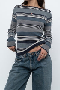 Vintage x Blue Cotton Striped Off-Shoulder Long Sleeve Knit (M)