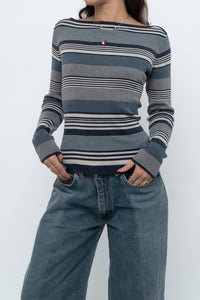 Vintage x Blue Cotton Striped Off-Shoulder Long Sleeve Knit (M)