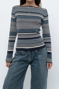 Vintage x Blue Cotton Striped Off-Shoulder Long Sleeve Knit (M)