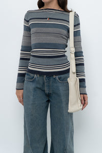 Vintage x Blue Cotton Striped Off-Shoulder Long Sleeve Knit (M)