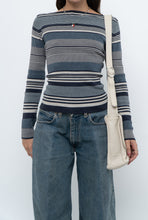 Load image into Gallery viewer, Vintage x Blue Cotton Striped Off-Shoulder Long Sleeve Knit (M)