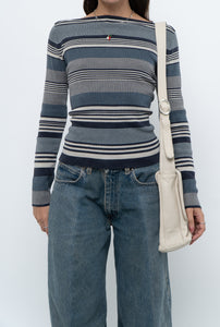 Vintage x Blue Cotton Striped Off-Shoulder Long Sleeve Knit (M)