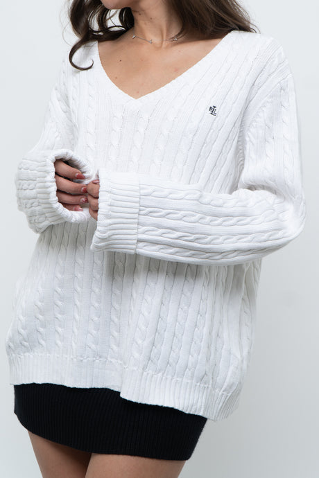 Vintage x RALPH LAUREN POLO White Cotton Oversized Knit Sweater (XS-XL)