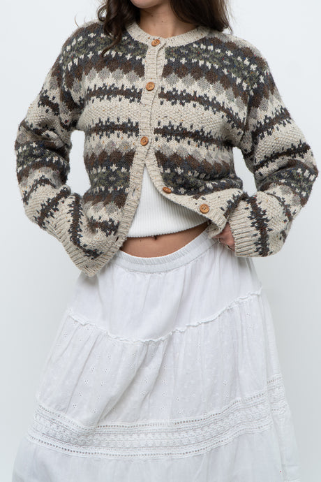 Vintage x Beige Patterned Knit Cardigan (XS-M)