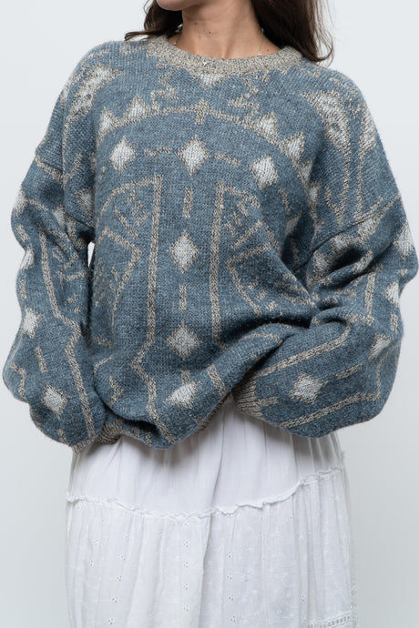 Vintage x Made in Italy x Ash Blue, Grey Patterned Knit Oversized Sweater (XS-L)