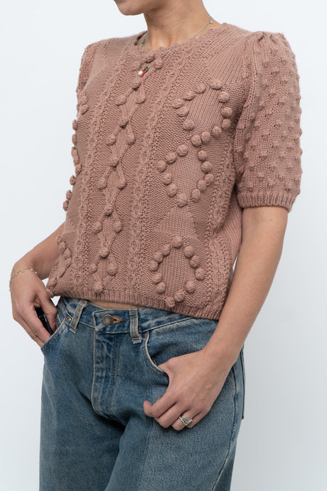Vintage x Blush Soft Handknit Pompom Short Sleeve Sweater (XS, S)