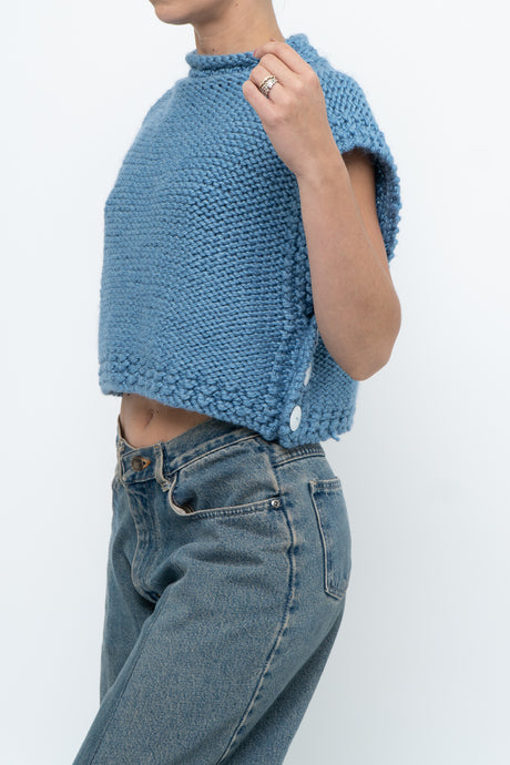 Vintage x Blue Handknit Wool Cropped Mockneck Sweater (XS-M)