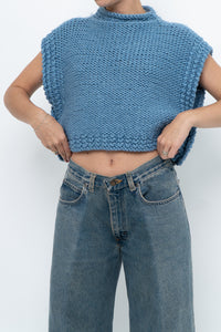 Vintage x Blue Handknit Wool Cropped Mockneck Sweater (XS-M)