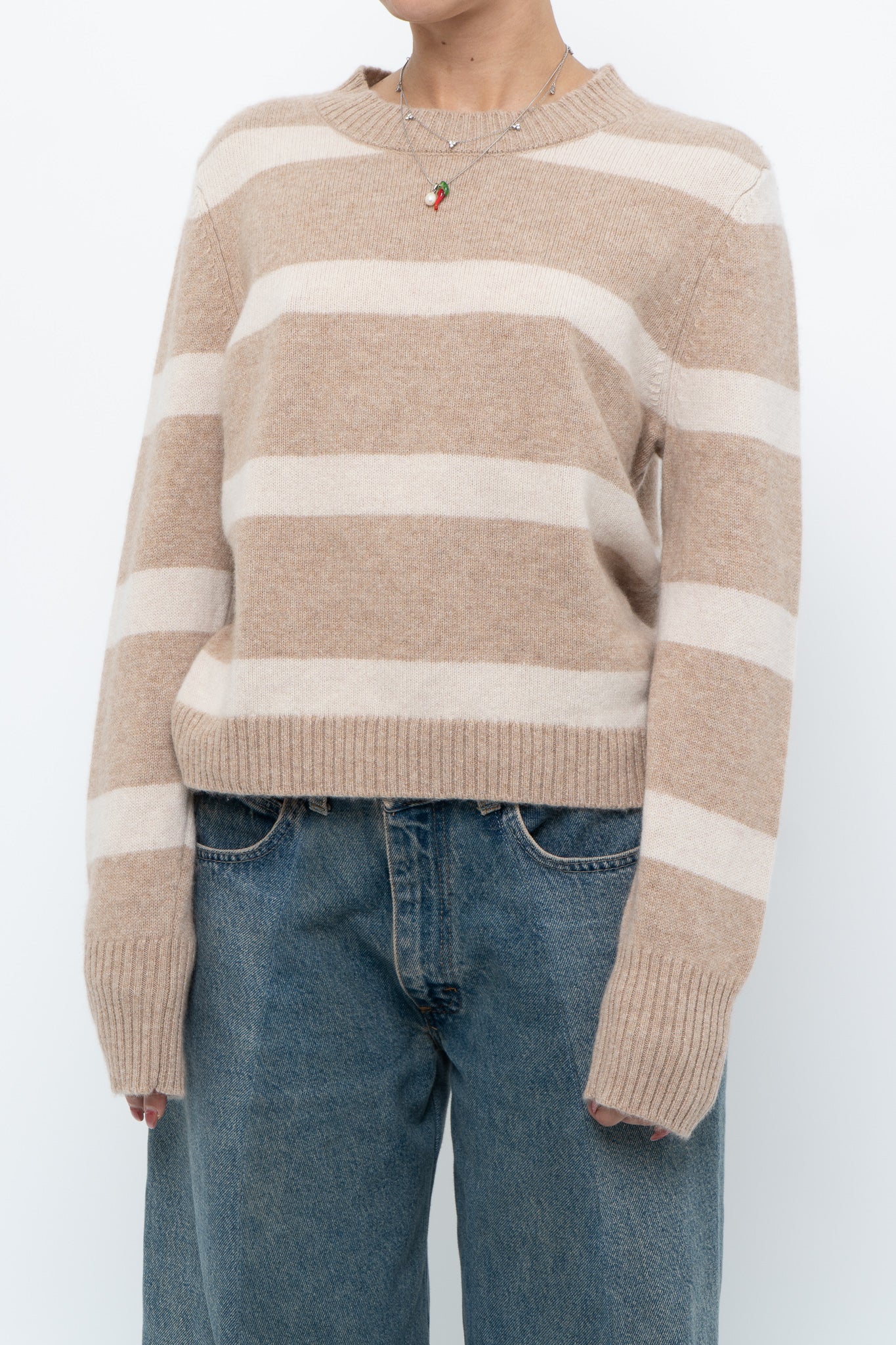 CYNTHIA ROWLEY x Beige Striped Wool, Cashmere Sweater (XS-M)