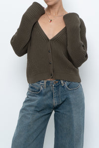 KOTN x Made in Portugal x Green Ribbed Cotton Knit Cropped Cardigan (M, L)