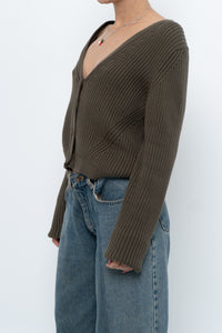 KOTN x Made in Portugal x Green Ribbed Cotton Knit Cropped Cardigan (M, L)