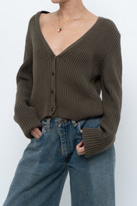 KOTN x Made in Portugal x Green Ribbed Cotton Knit Cropped Cardigan (M, L)