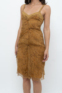 Vintage x Made in Italy x DESIGNER Honey Yellow Patterned Midi Silk Dress (XS, S)
