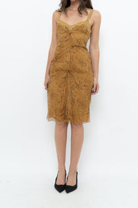 Vintage x Made in Italy x DESIGNER Honey Yellow Patterned Midi Silk Dress (XS, S)