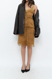 Vintage x Made in Italy x DESIGNER Honey Yellow Patterned Midi Silk Dress (XS, S)