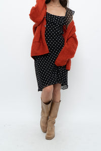 Vintage x Made in USA x Black, White Polka Dot Silk Midi Dress (S)