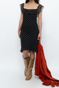 Vintage x Made in USA x Black, White Polka Dot Silk Midi Dress (S)