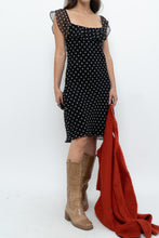 Load image into Gallery viewer, Vintage x Made in USA x Black, White Polka Dot Silk Midi Dress (S)
