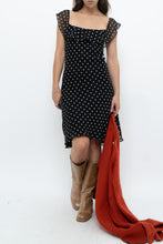 Load image into Gallery viewer, Vintage x Made in USA x Black, White Polka Dot Silk Midi Dress (S)