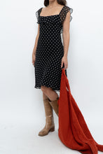 Load image into Gallery viewer, Vintage x Made in USA x Black, White Polka Dot Silk Midi Dress (S)