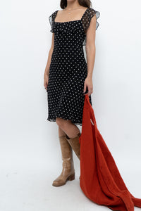 Vintage x Made in USA x Black, White Polka Dot Silk Midi Dress (S)