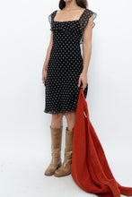 Load image into Gallery viewer, Vintage x Made in USA x Black, White Polka Dot Silk Midi Dress (S)