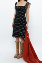 Load image into Gallery viewer, Vintage x Made in USA x Black, White Polka Dot Silk Midi Dress (S)