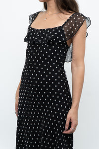 Vintage x Made in USA x Black, White Polka Dot Silk Midi Dress (S)
