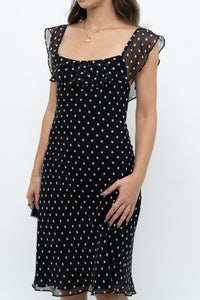 Vintage x Made in USA x Black, White Polka Dot Silk Midi Dress (S)