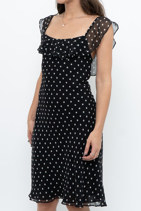 Vintage x Made in USA x Black, White Polka Dot Silk Midi Dress (S)