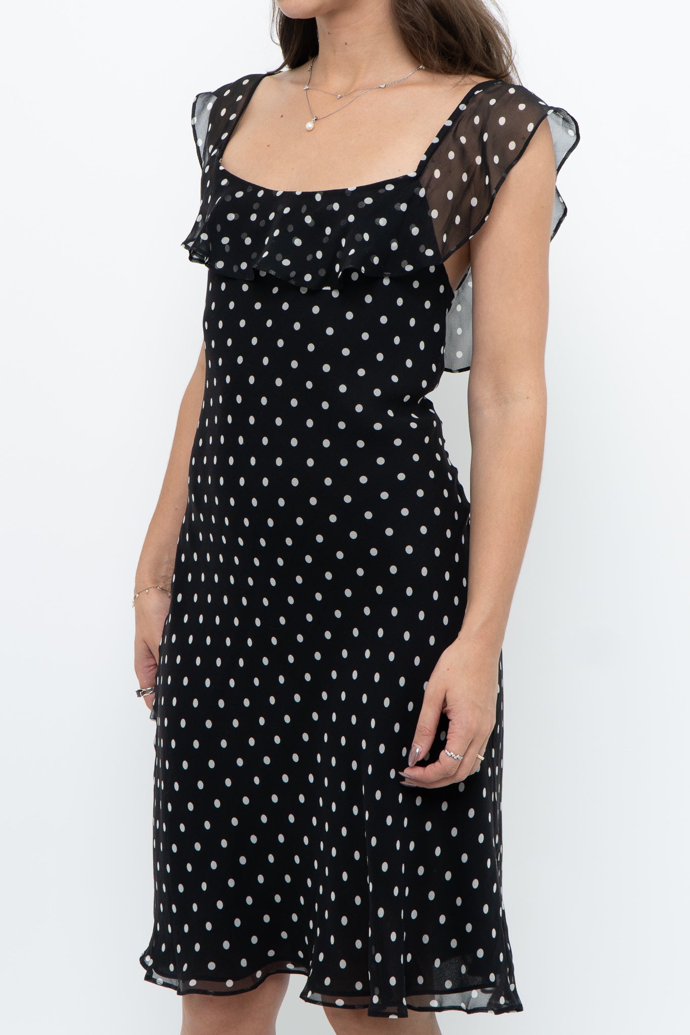 Vintage x Made in USA x Black, White Polka Dot Silk Midi Dress (S)