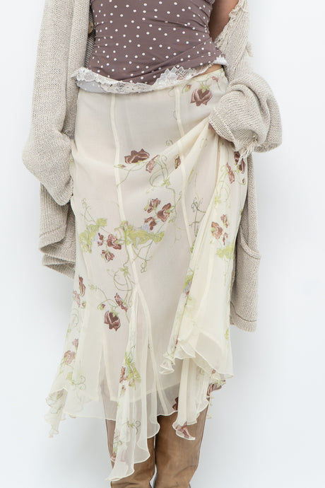 Vintage x Cream Silk Semi-Sheer Midi Skirt (M, L)