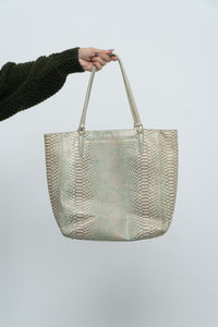 BRAHMIN x Teal, Cream Irridescent Leather Tote