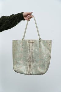 BRAHMIN x Teal, Cream Irridescent Leather Tote