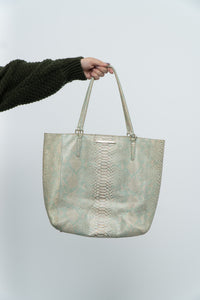 BRAHMIN x Teal, Cream Irridescent Leather Tote