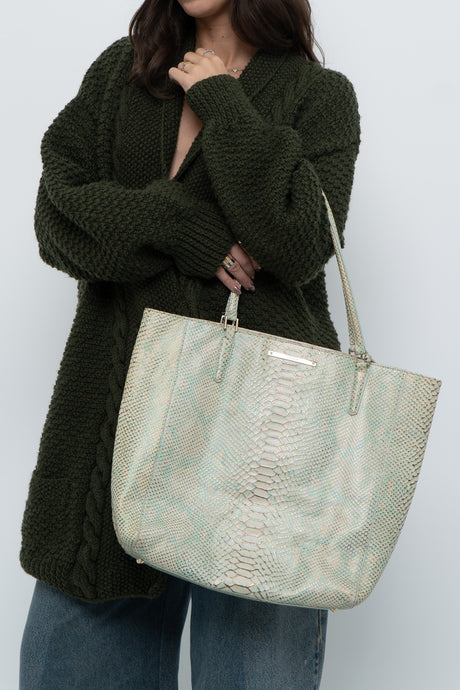 BRAHMIN x Teal, Cream Irridescent Leather Tote