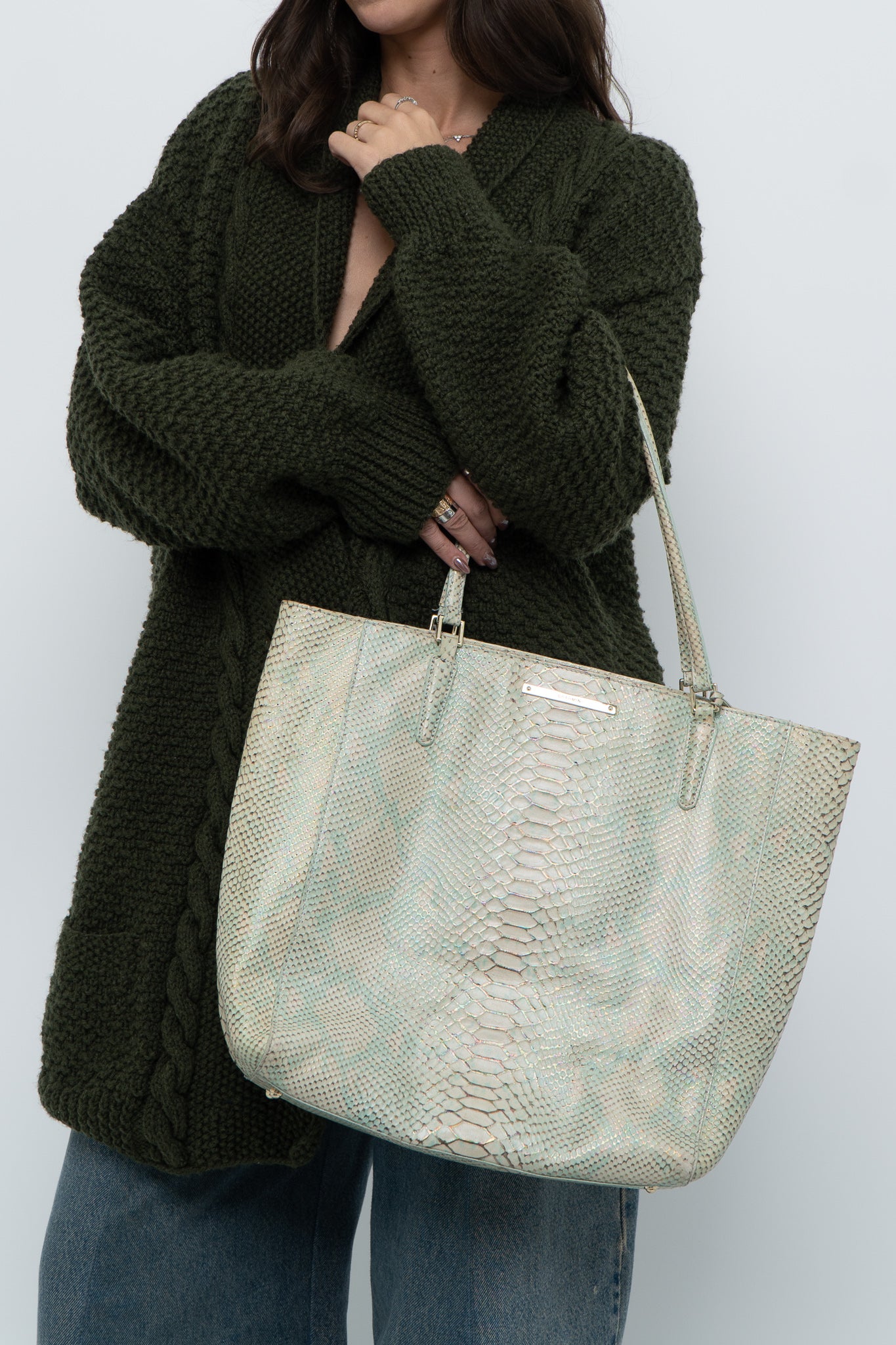BRAHMIN x Teal, Cream Irridescent Leather Tote