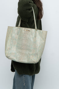 BRAHMIN x Teal, Cream Irridescent Leather Tote